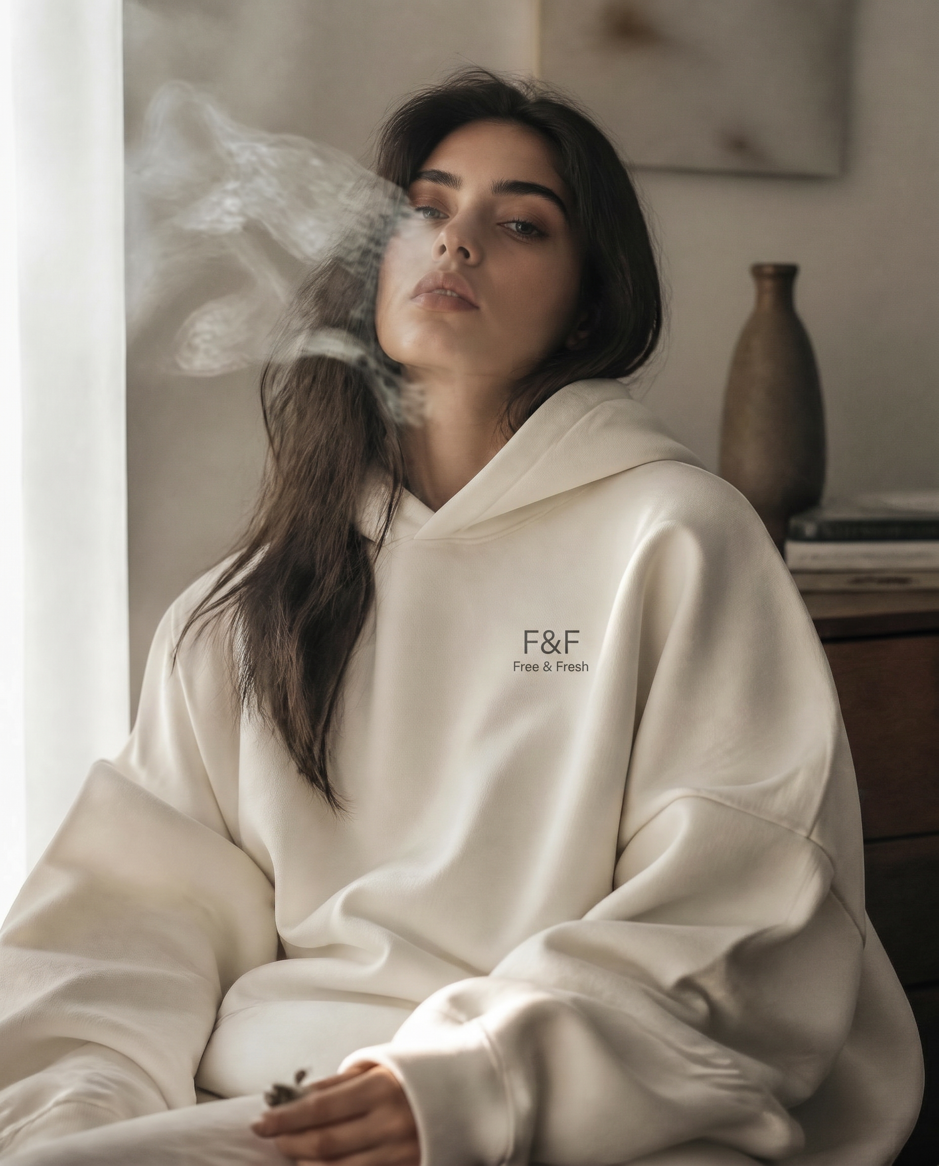 F&F Drop 01 — model in bone-white hoodie with drifting smoke